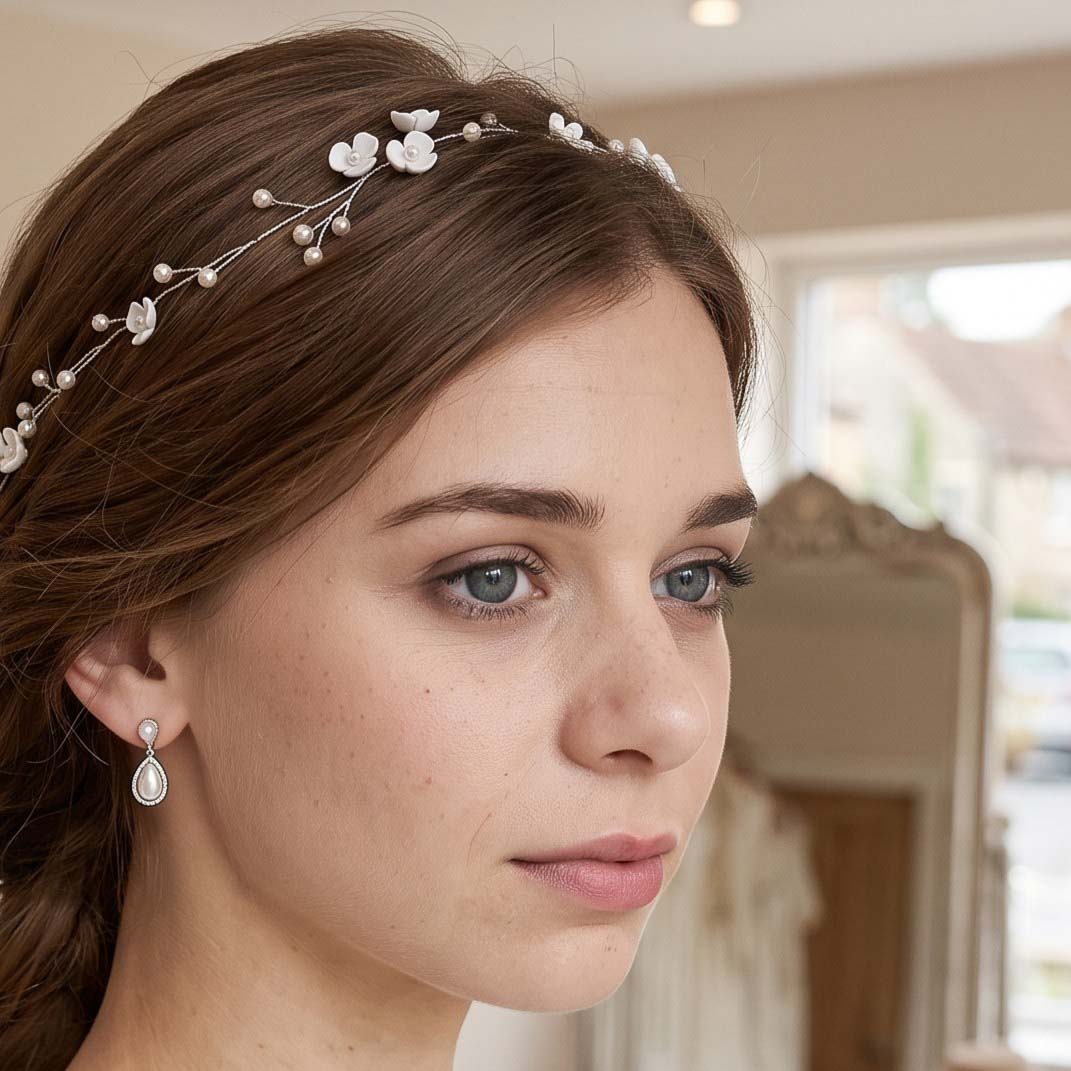 Clay Floral and Pearl Bridal Hair Vine in Silver - Zaneta