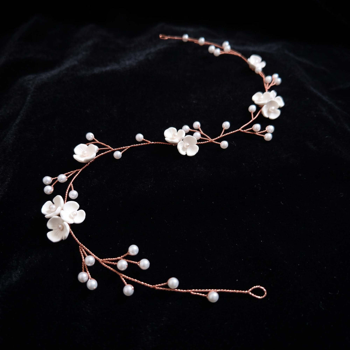 Clay Floral and Pearl Bridal Hair Vine in Silver - Zaneta