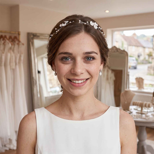 Gold Hair Vine Headband with Clay Flowers and Pearls - Zaneta