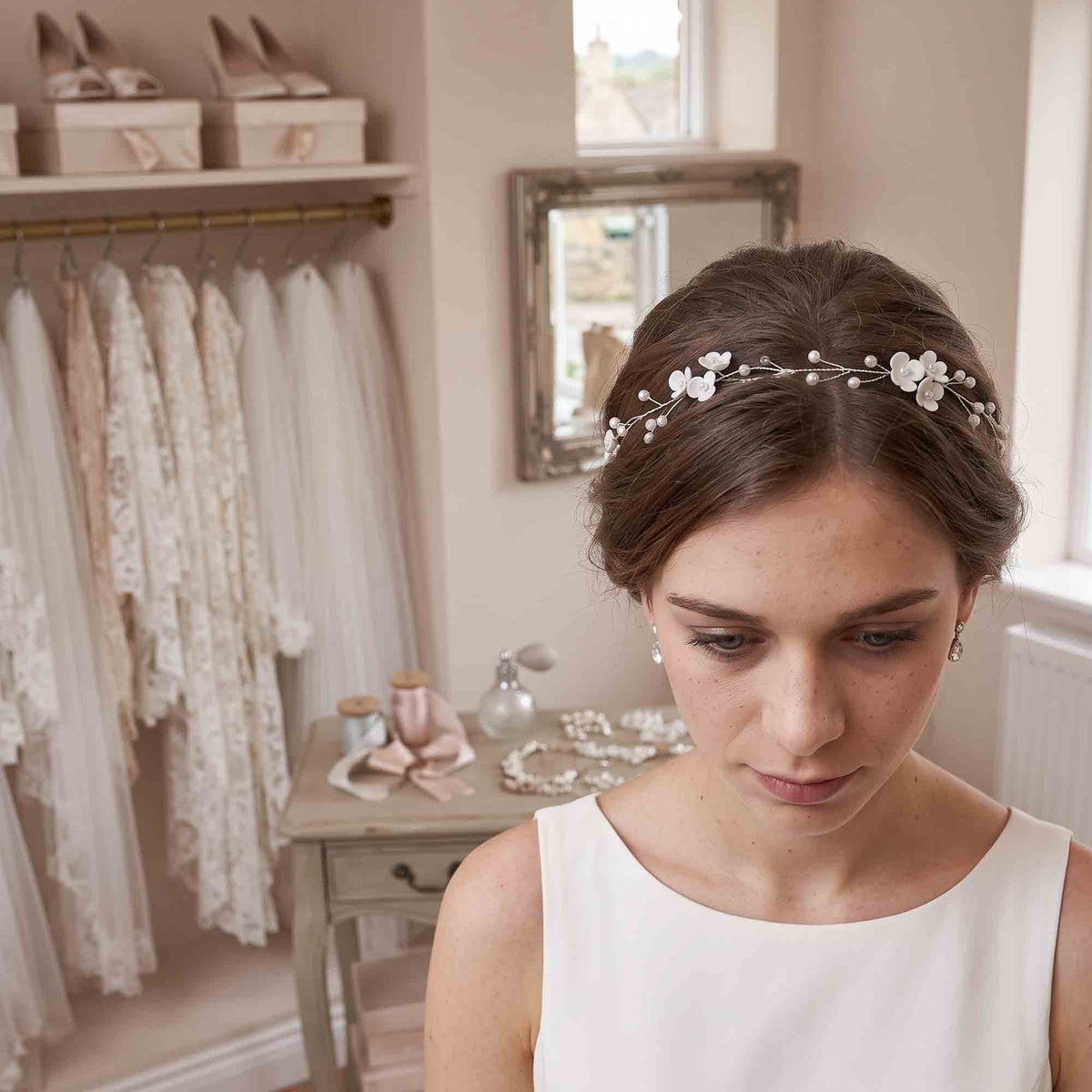 Clay Floral and Pearl Bridal Hair Vine in Silver - Zaneta