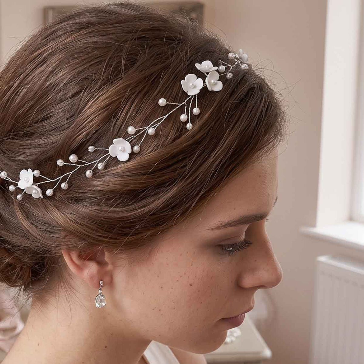 Clay Floral and Pearl Bridal Hair Vine in Silver - Zaneta