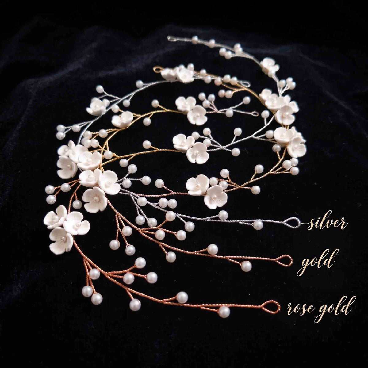 Clay Floral and Pearl Bridal Hair Vine in Silver - Zaneta