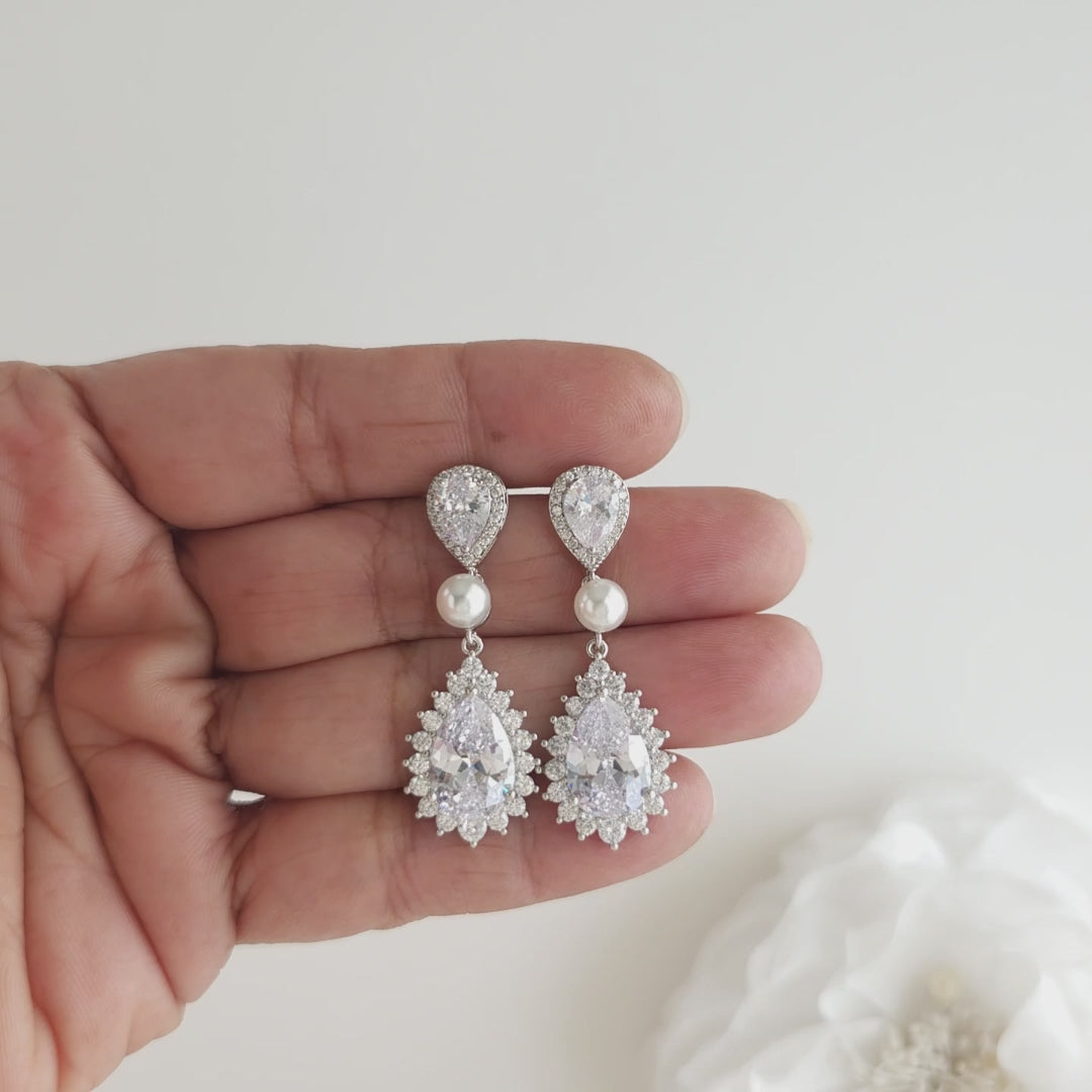 Teardrop Cubic Zirconia and Pearl Bridal Earrings Poetry Designs 6 seconds video