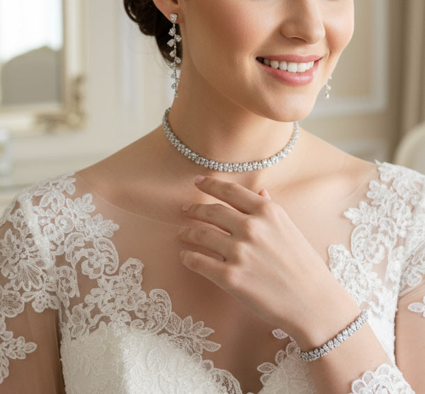 Elegant Silver CZ Choker Set: Necklace, Earrings & Bracelet for Weddings & Formal Dresses - Talia