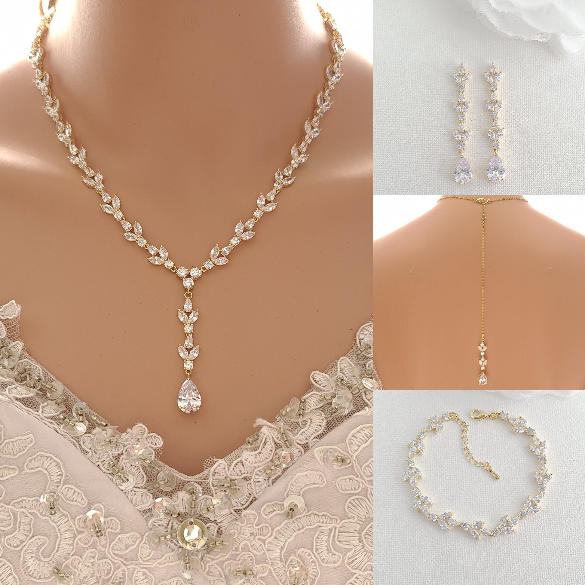 14k Gold & Cubic Zirconia Necklace Bracelet Earring Set for Wedding-Anya - PoetryDesigns