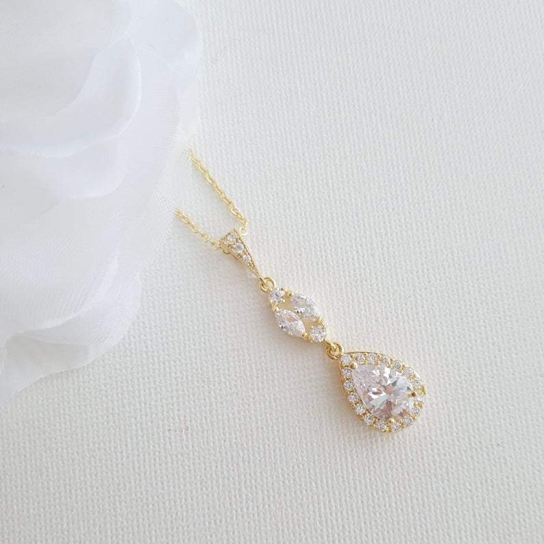 14K Gold Drop Pendant Necklace (1.5 Inches) for Brides & Bridesmaids Gift-Hayley - PoetryDesigns