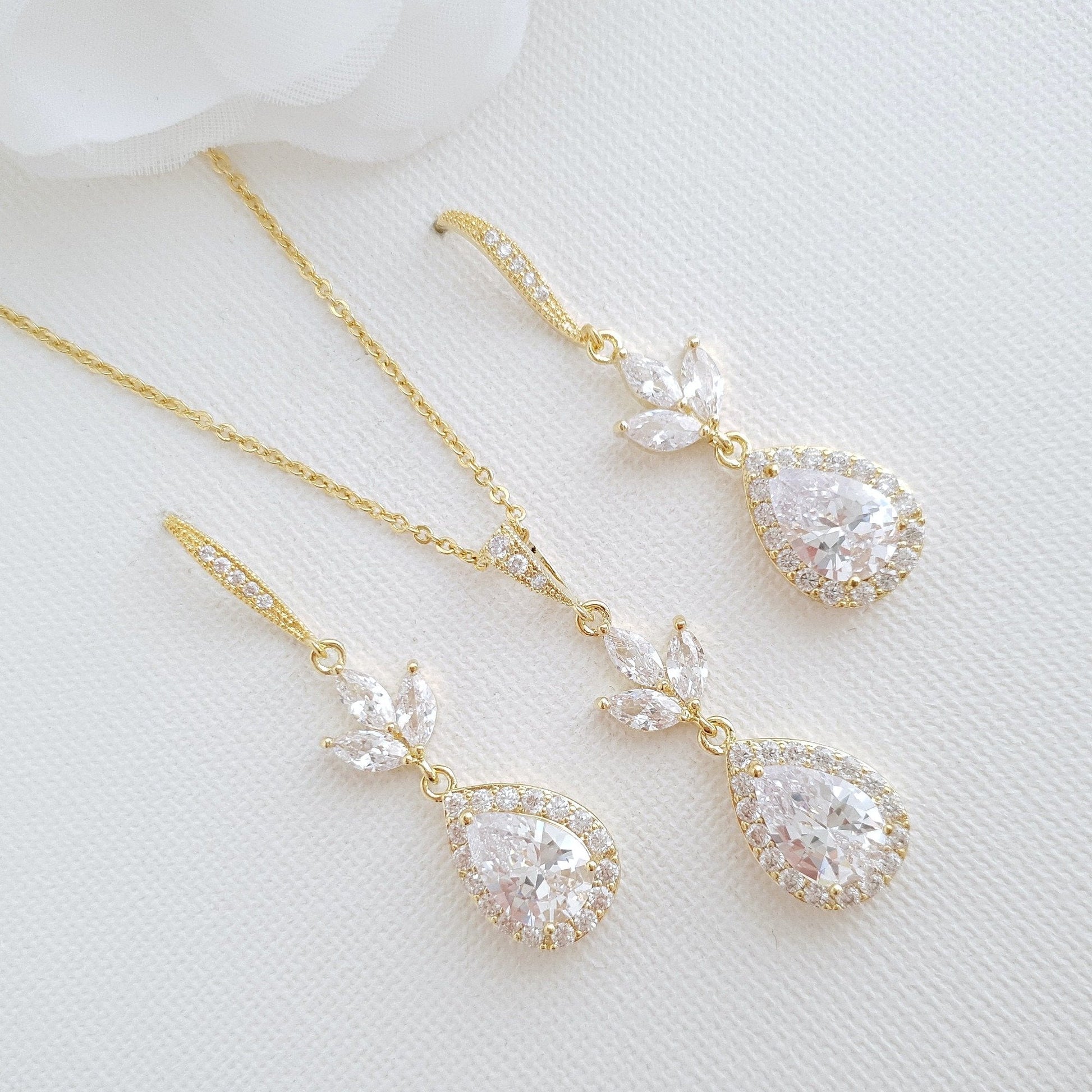 14K Yellow Gold Necklace Earrings Set for Brides,Bridesmaids