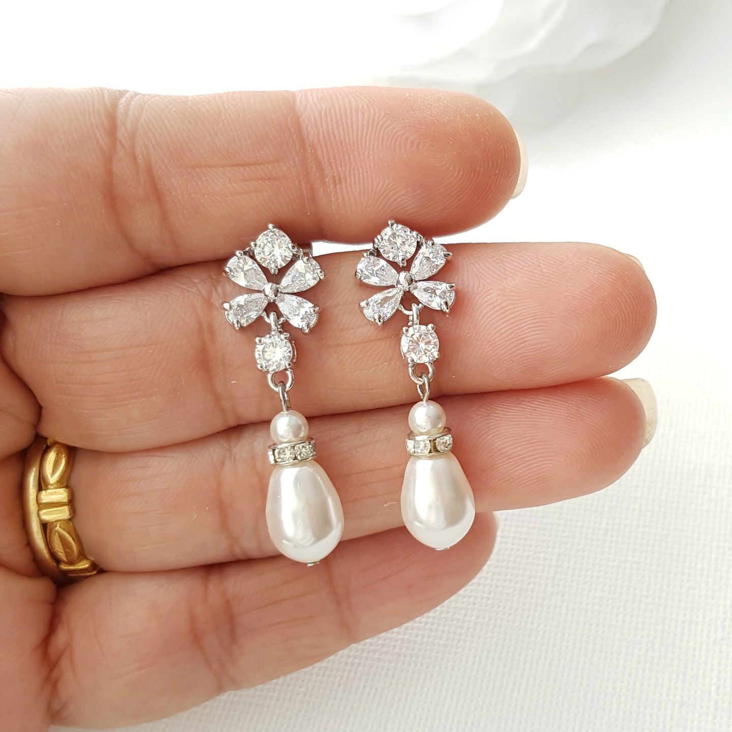 Pearl Drop Earrings for Weddings with Flower Ear Posts-Lila