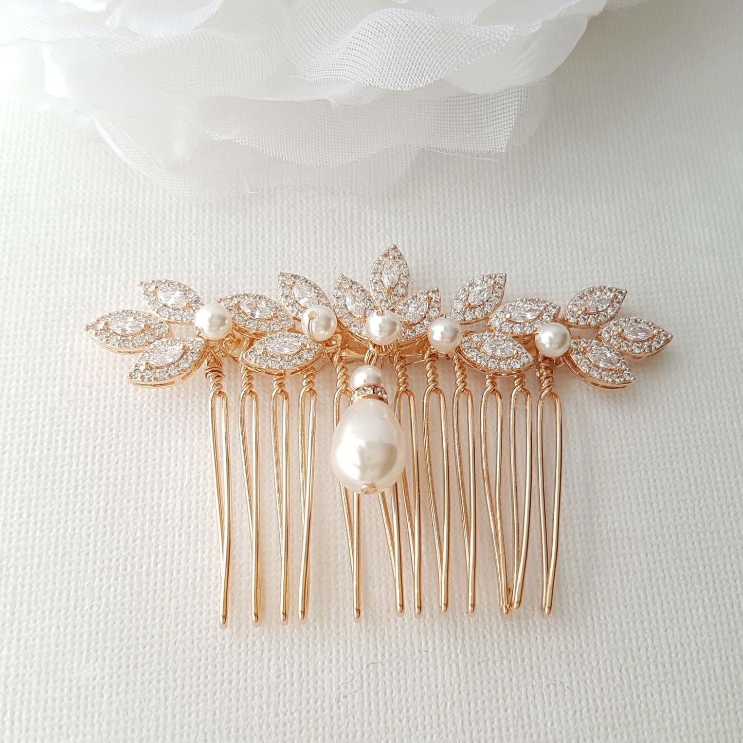 Peigne à cheveux de mariage en forme de feuille d'or rose avec perles - Abby