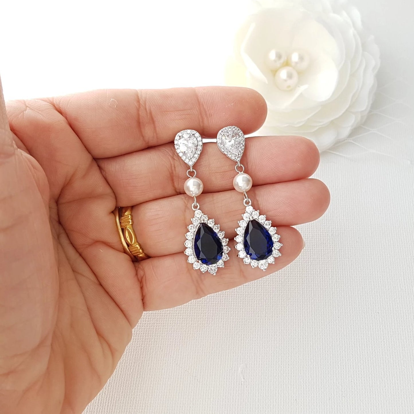 Sapphire Blue Drop Earrings Rose Gold- Aoi - PoetryDesigns