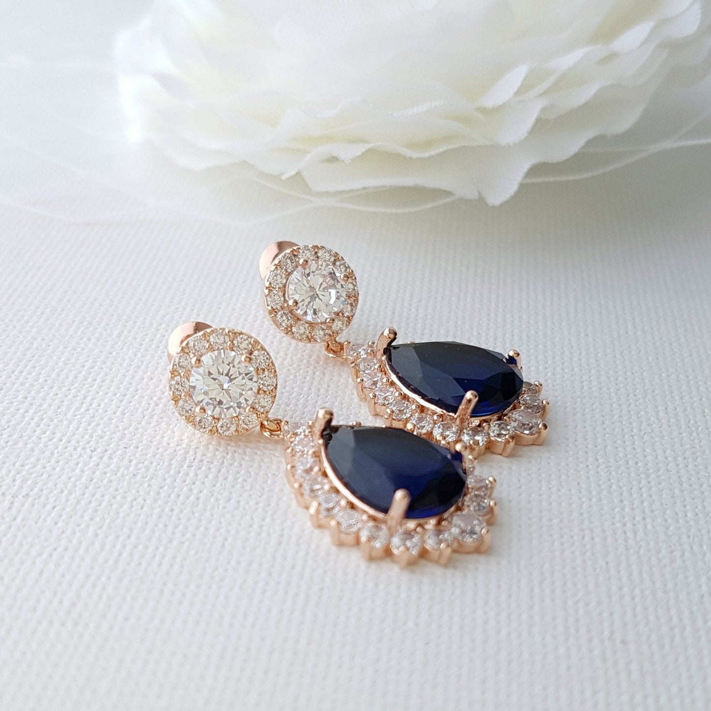 blue stone rose gold earrings for brides- Poetry Designs