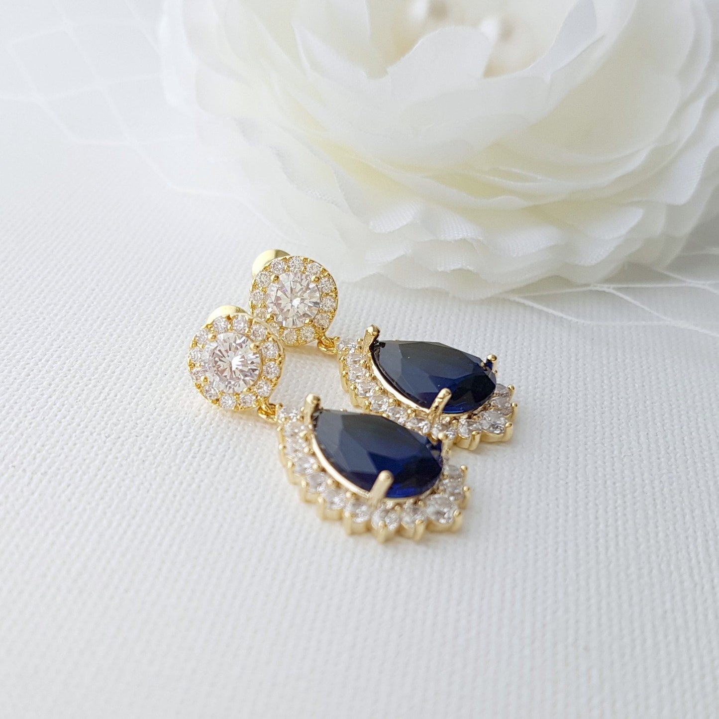 Gold & Blue Teardrop CZ Crystal Stone Earrings for Brides- Poetry Designs