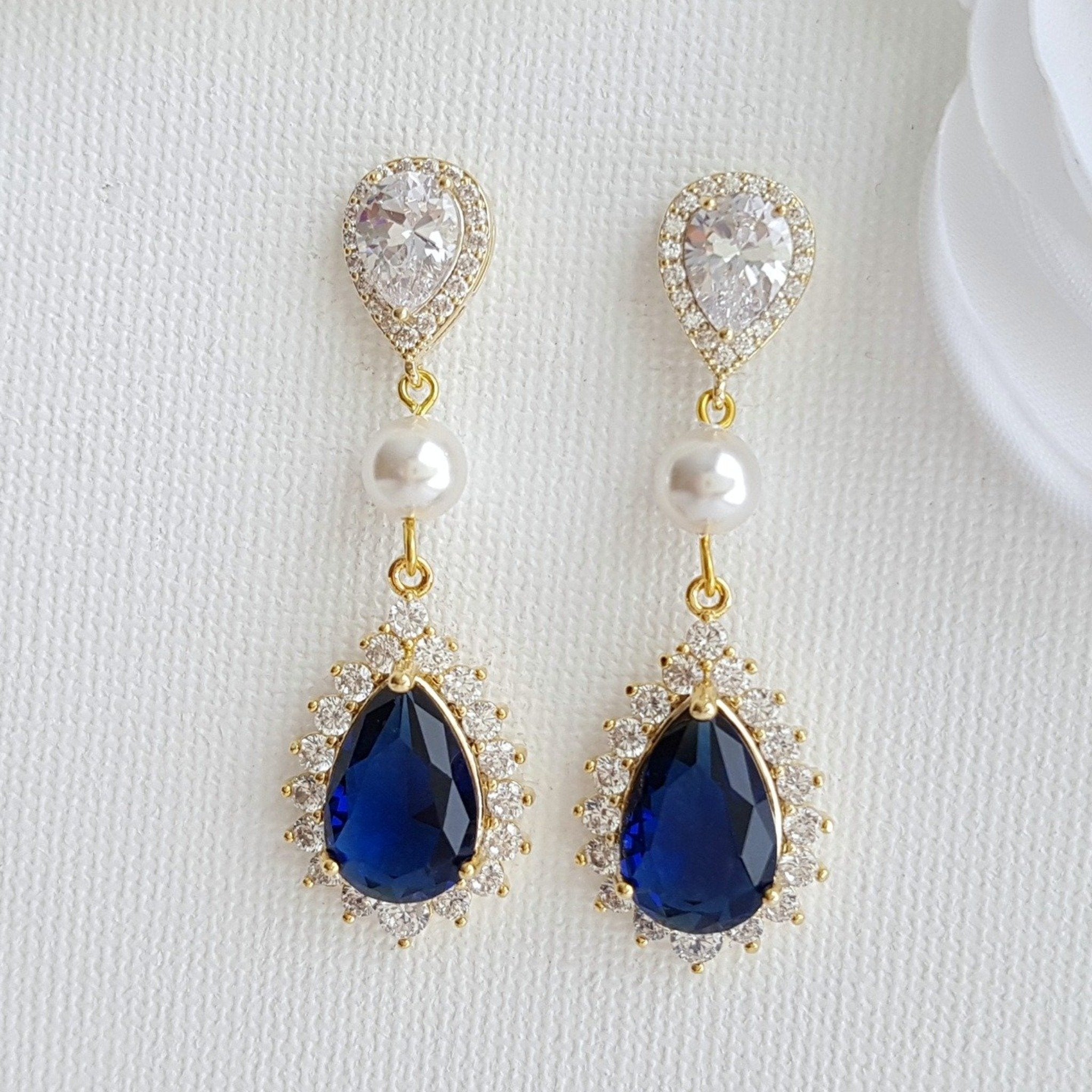 LIA SOPHIA Long Rhinestone Earrings with Marine Blue Drop , Post Back -  Ruby Lane