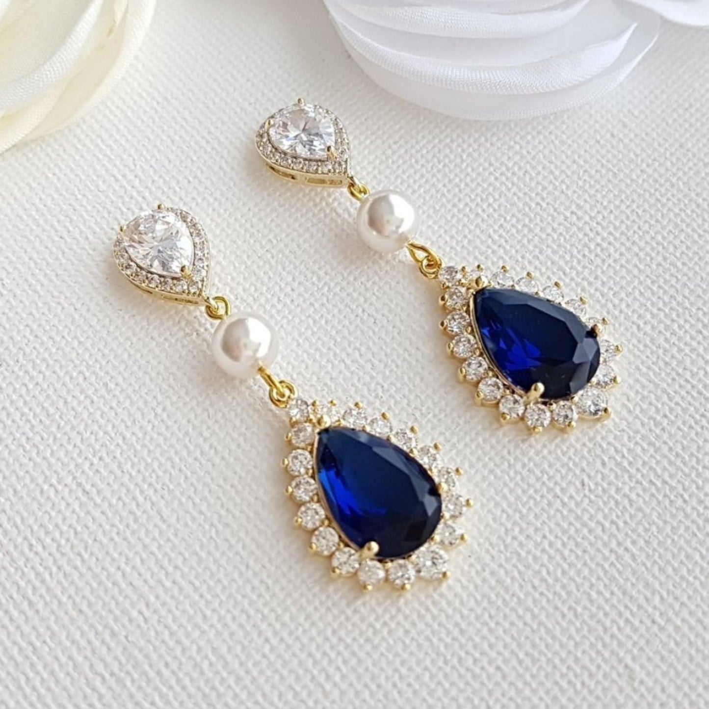 Blue crystal earrings Gold for Wedding, Prom, Events- Poetry Designs