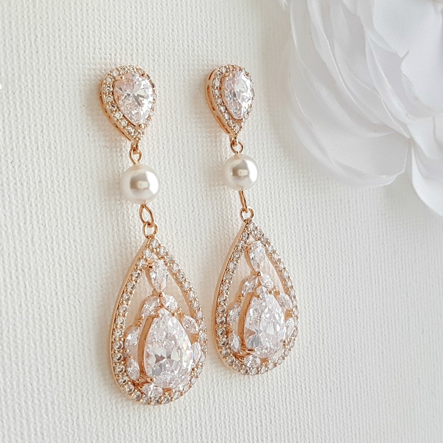 Clip On drop earrings for wedding rose gold- Poetry Designs