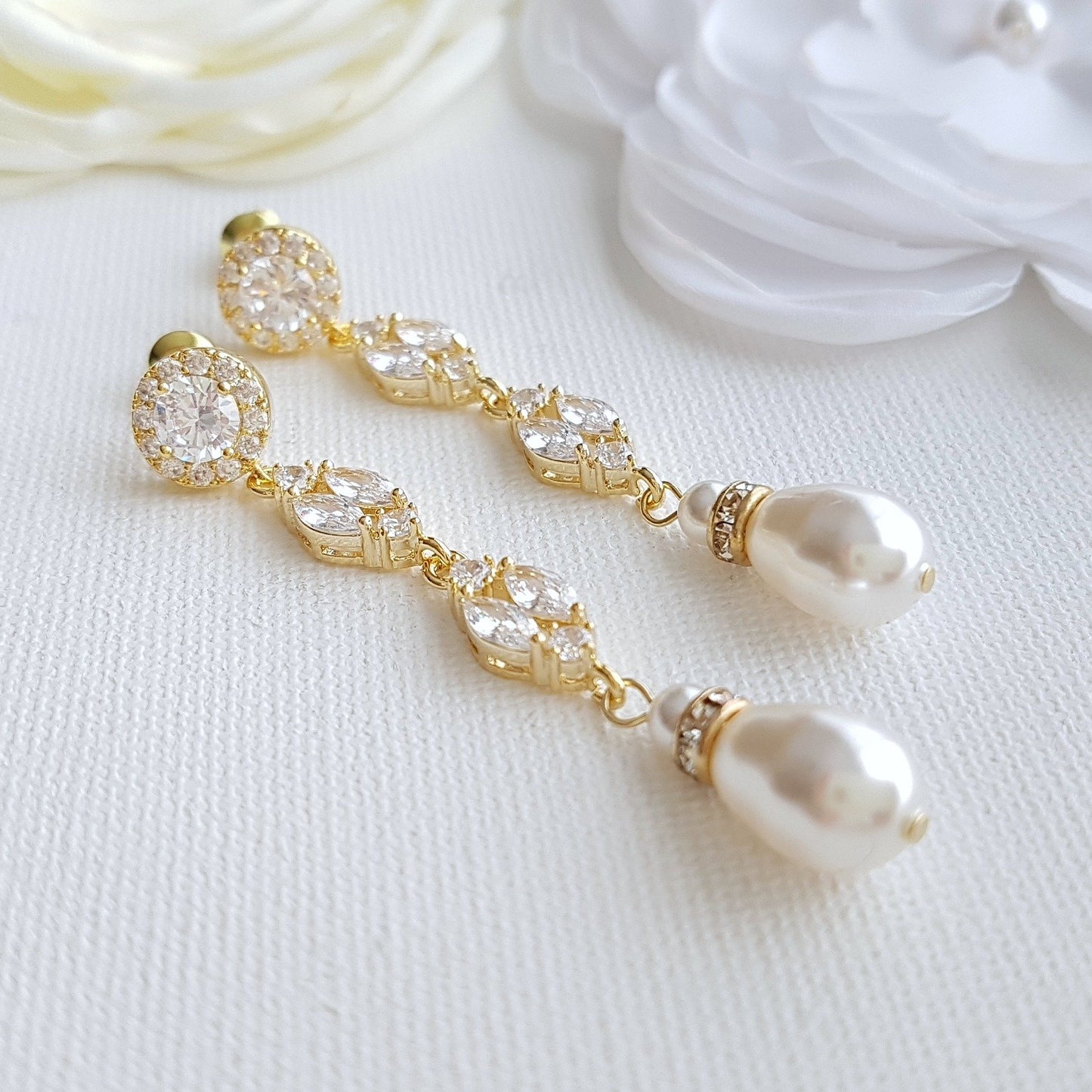 pearl earrings long and in gold for weddings- Poetry Designs