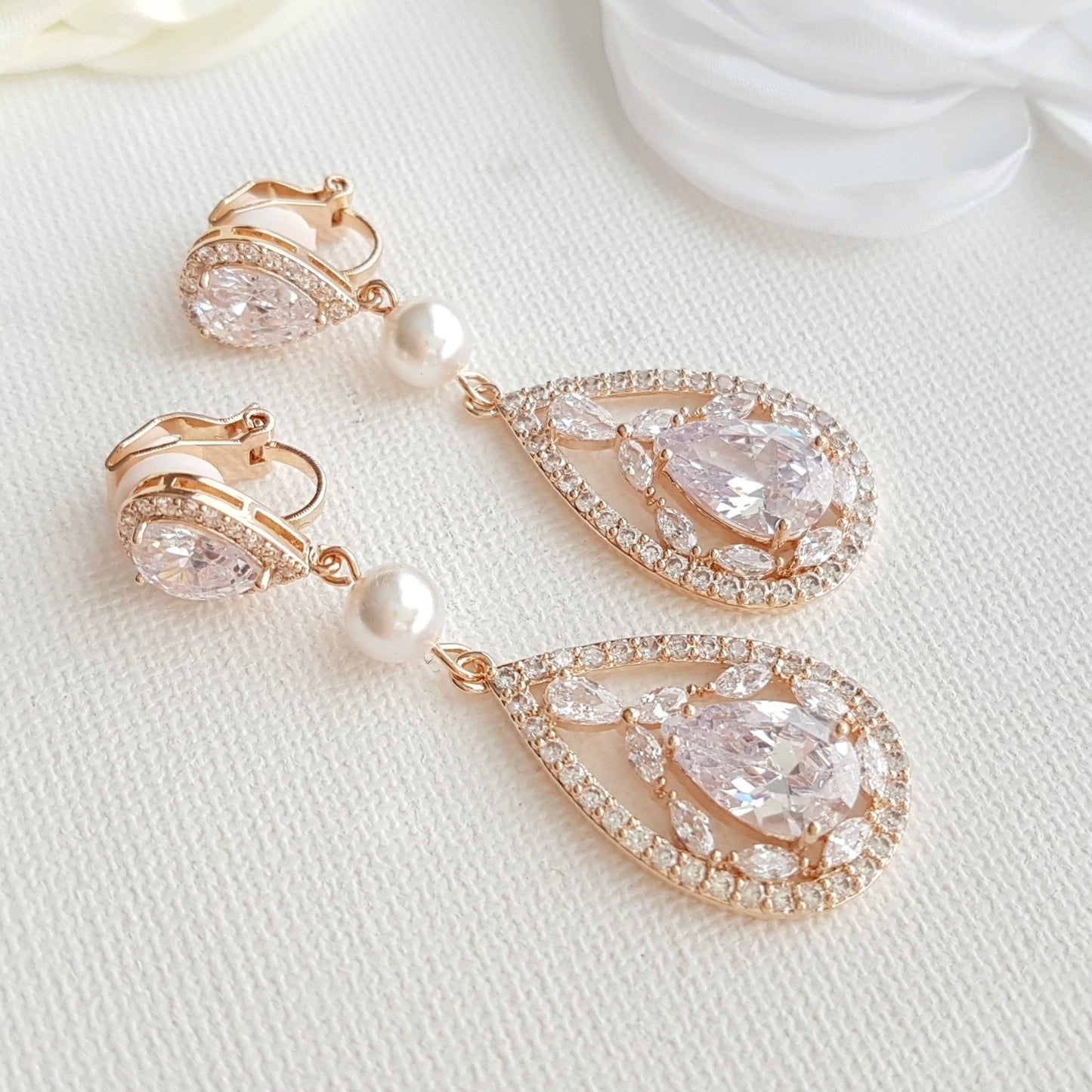 Poetry Designs- Clip On earrings for brides with cubic zirconia and rose gold