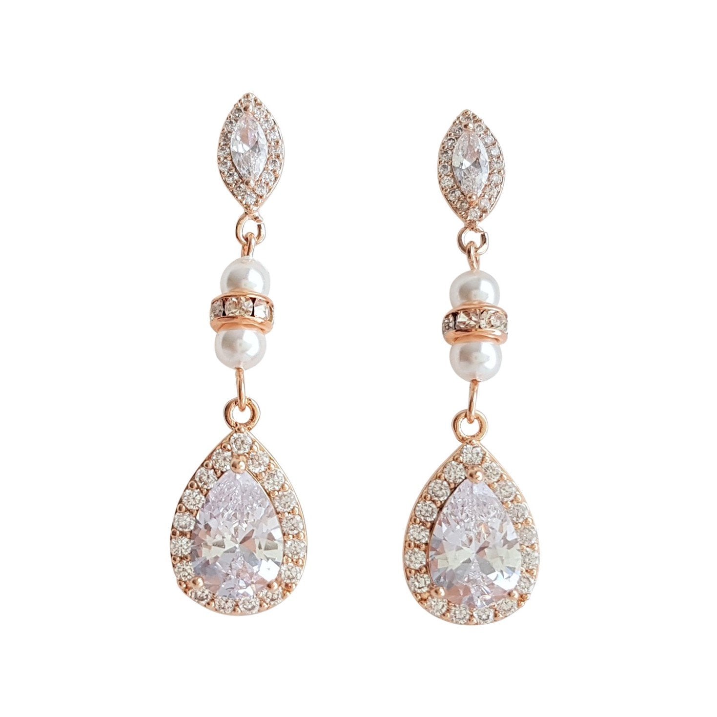 CZ & Pearl Wedding Drop Earrings for Brides-Ella - PoetryDesigns