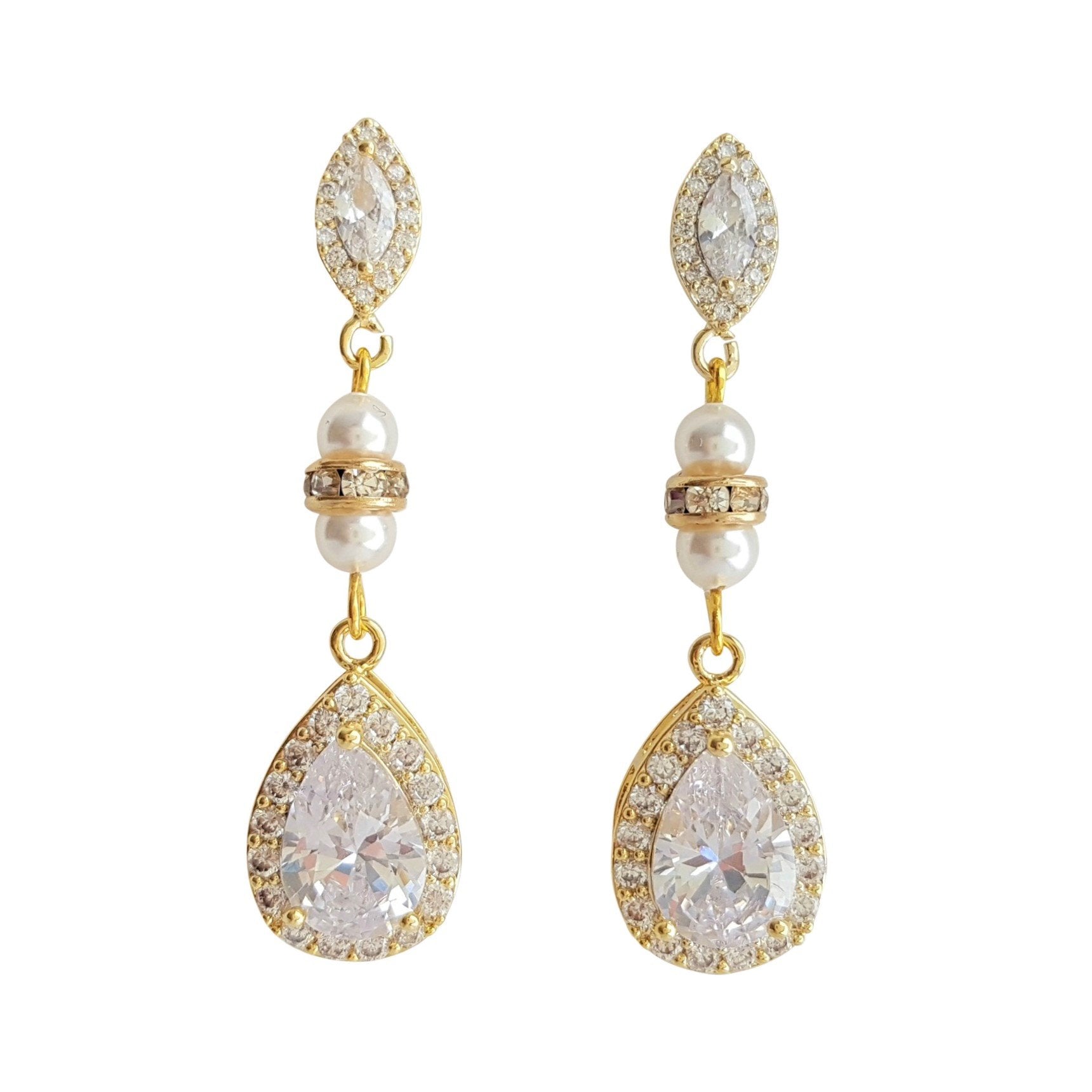 Gold and Pearl Wedding Drop Earrings-Ella - PoetryDesigns