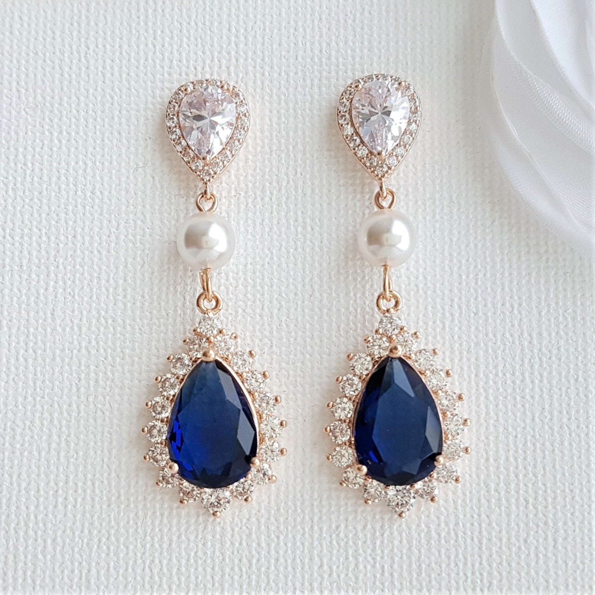 Gold Blue Crystal Earrings with Pearls for Brides Weddings