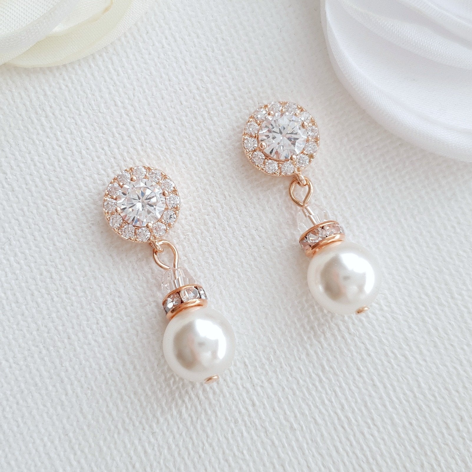 Rose Gold and small White outlet Pearl short Drop Earrings