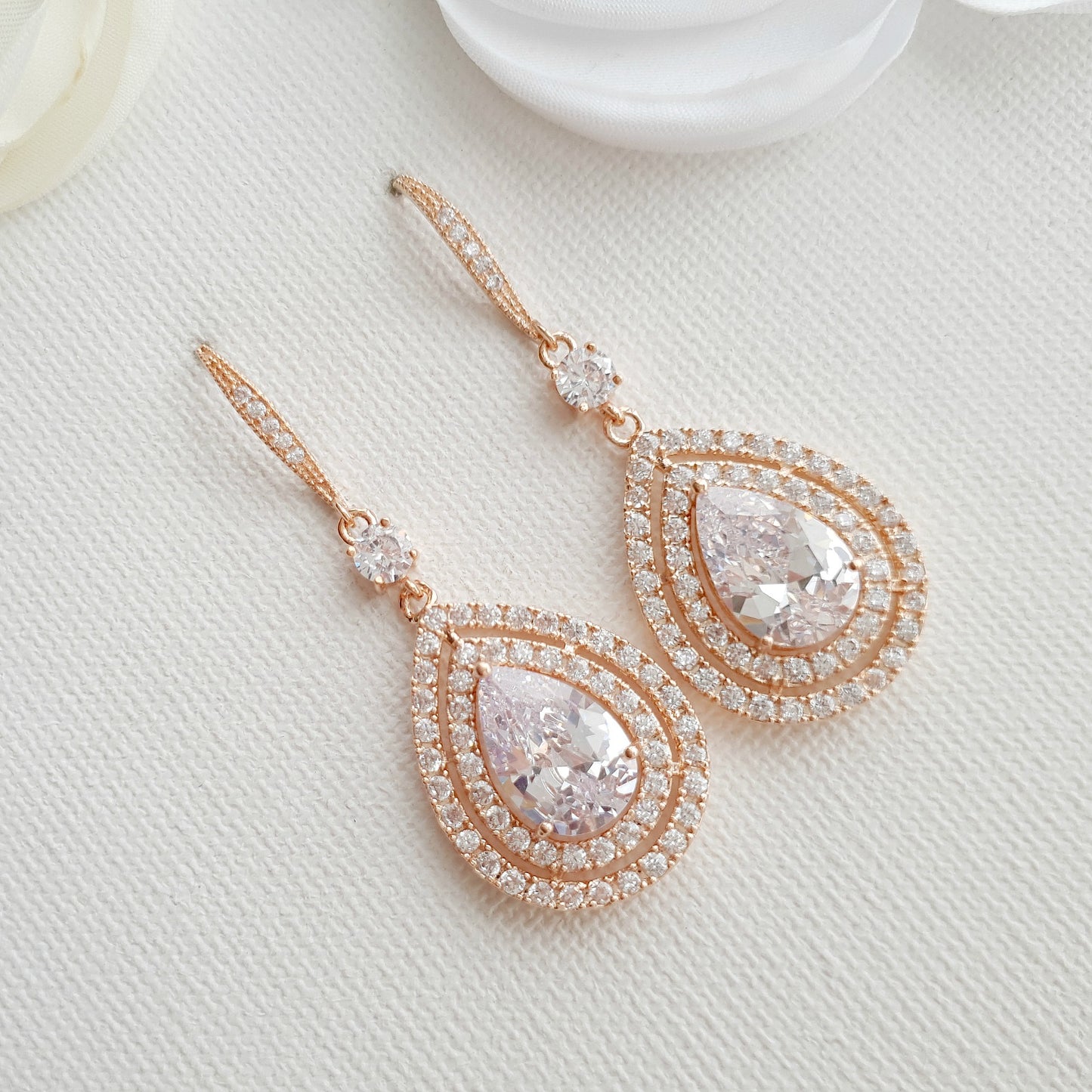 Silver Ear Hook Dangle Earrings for Weddings in CZ Crystal-Joni