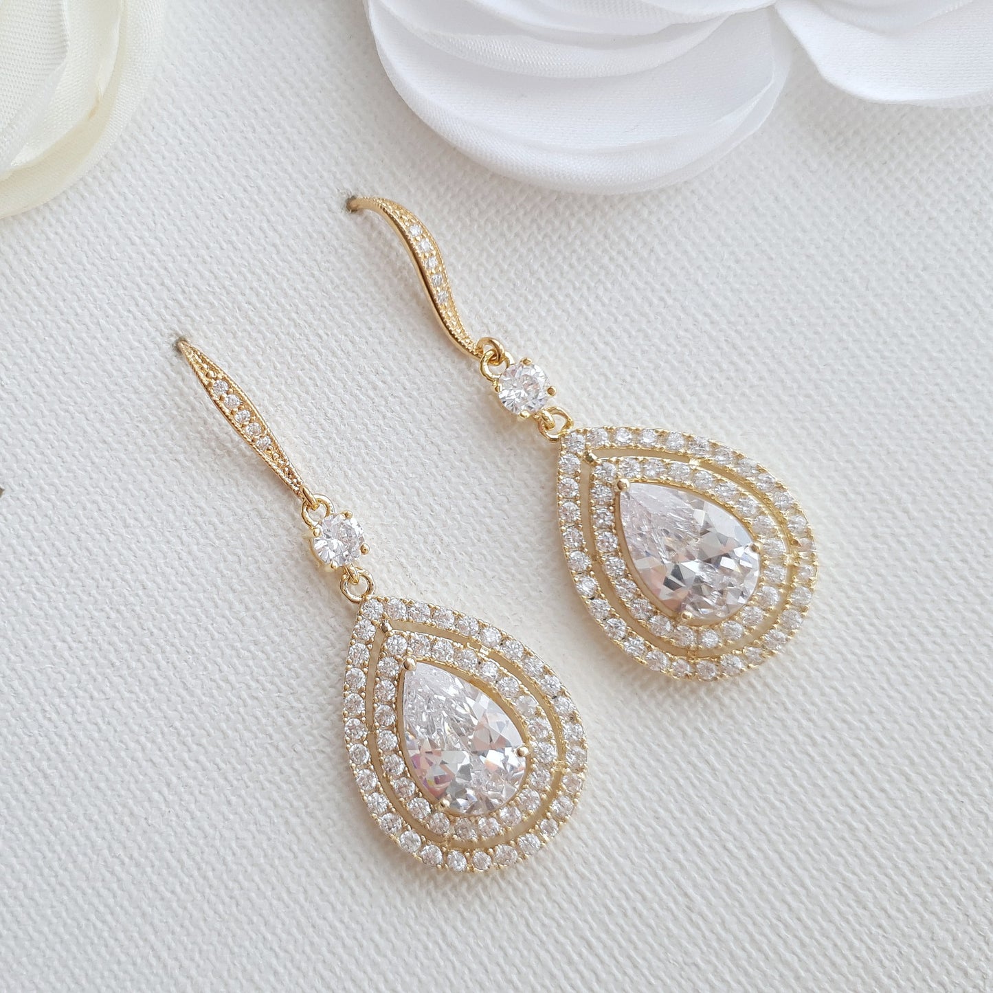 Silver Ear Hook Dangle Earrings for Weddings in CZ Crystal-Joni