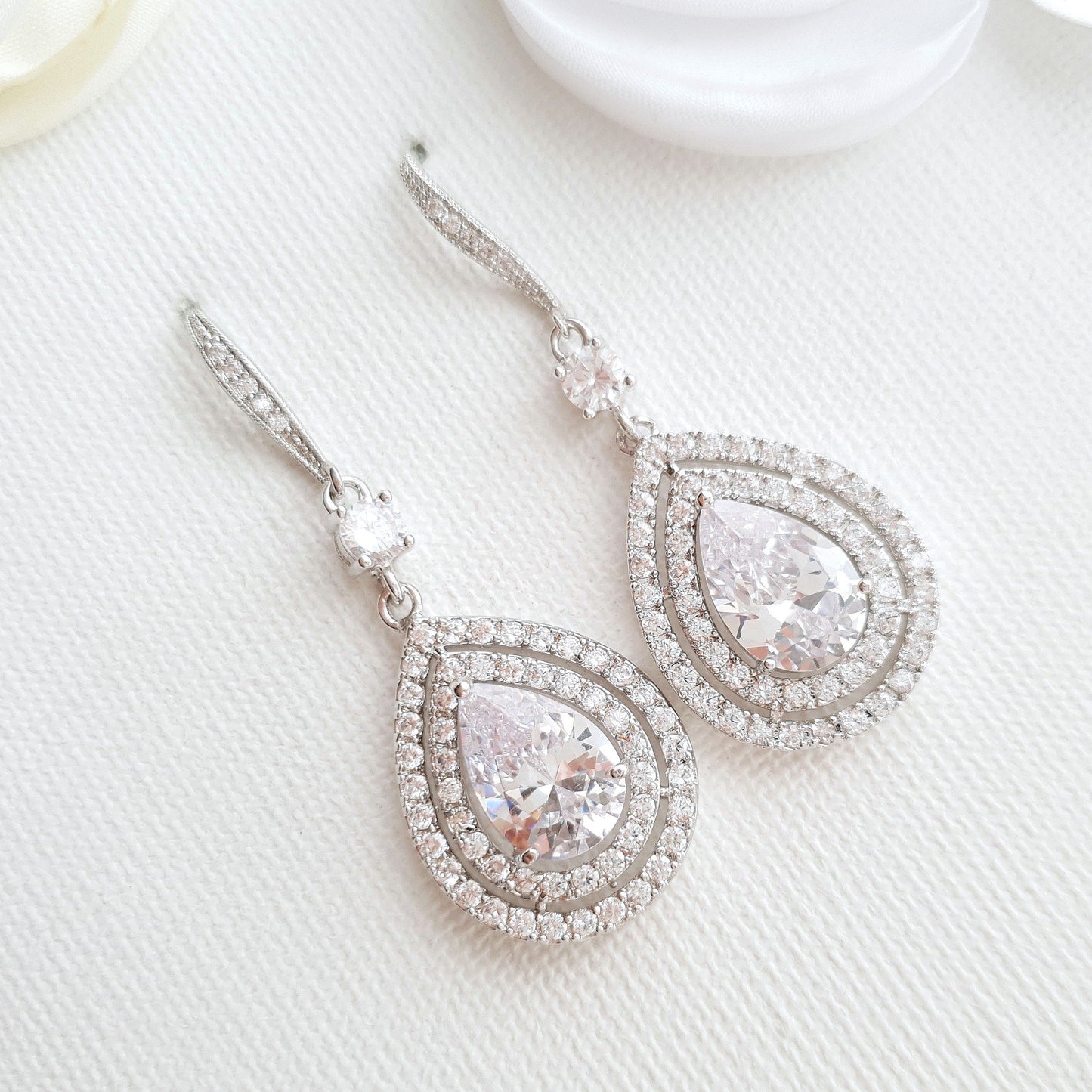 Dangle Earrings for Weddings ,Silver Ear Hooks & CZ Crystal Teardrops