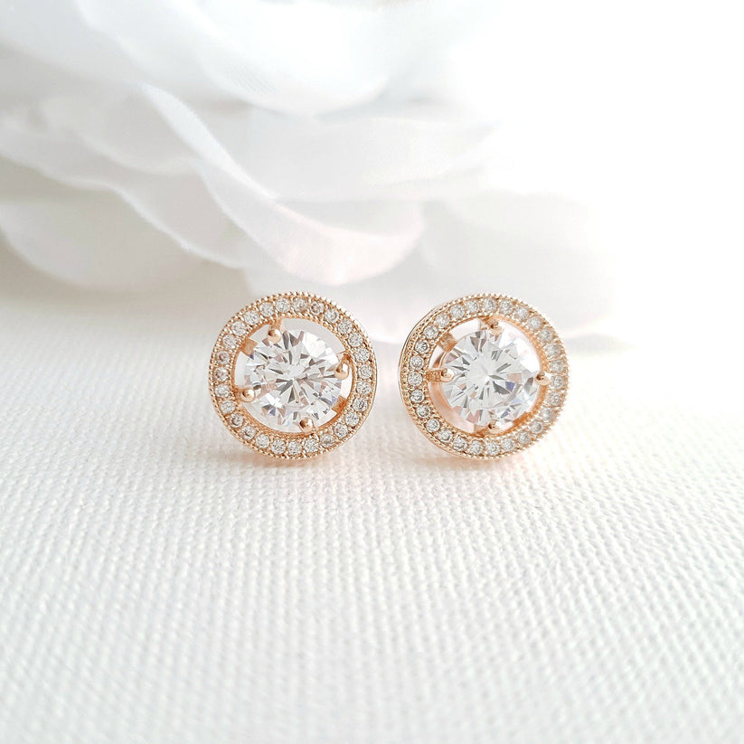 High Quality Cubic Zirconia & Rose Gold Round Stud Earrings for Brides ...