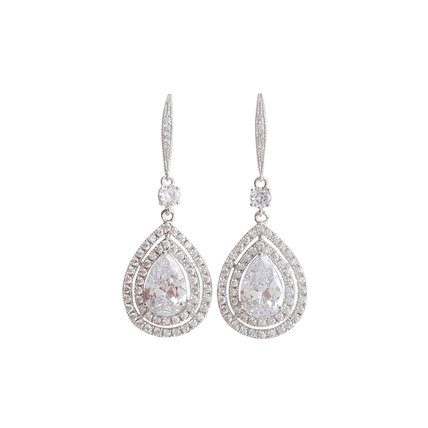 Silver Ear Hook Dangle Earrings for Weddings in CZ Crystal-Joni - PoetryDesigns