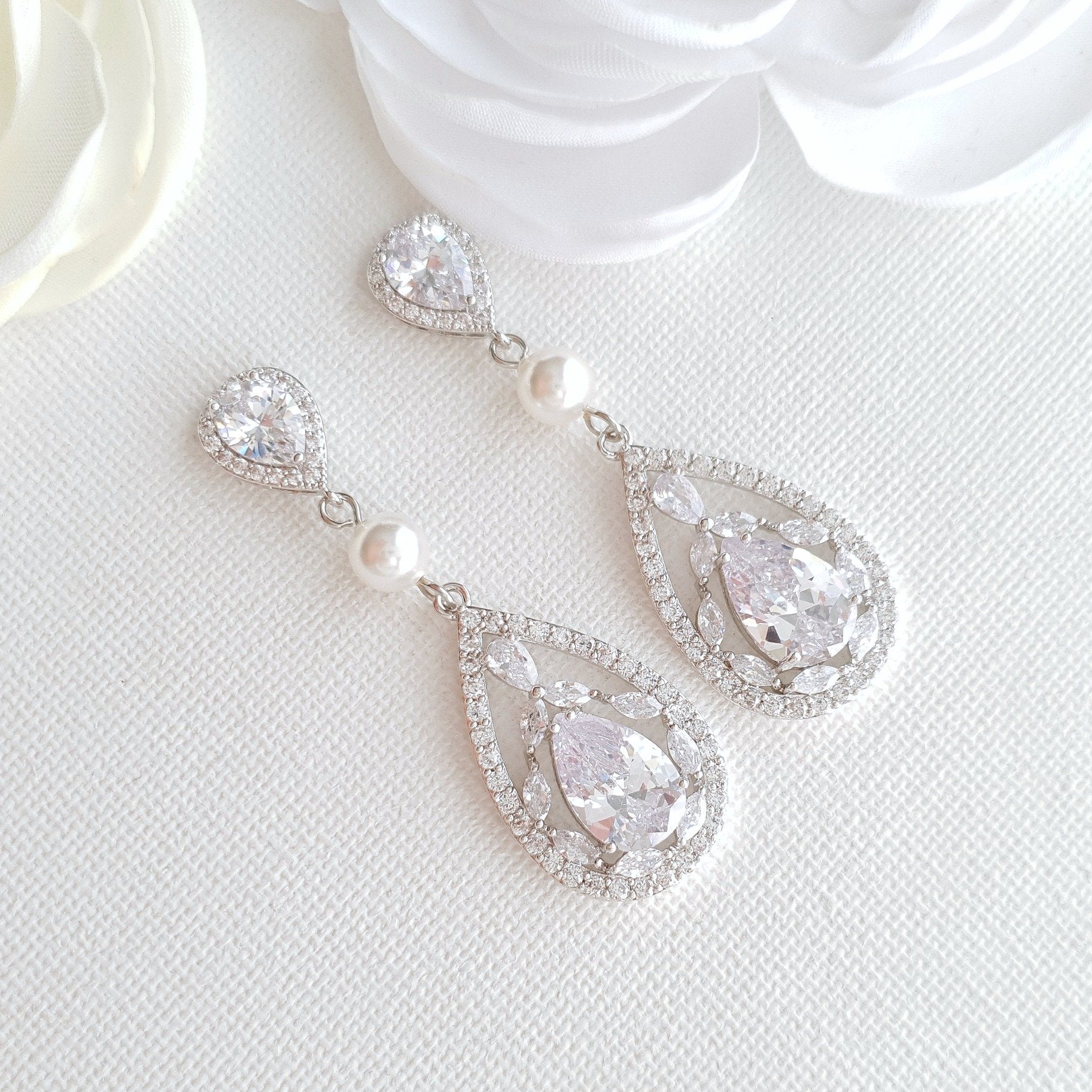Clip On bridal earrings with pearl & crystal- Poetry Designs