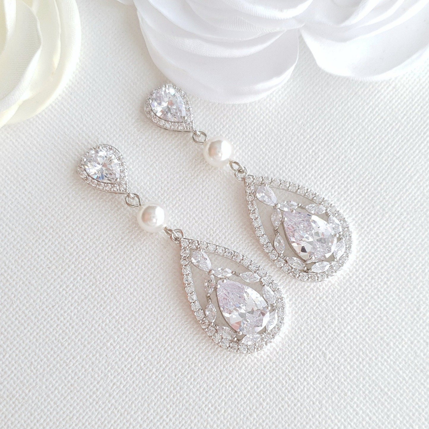 Wedding Clip On earrings in silver with pearls-Poetry Designs
