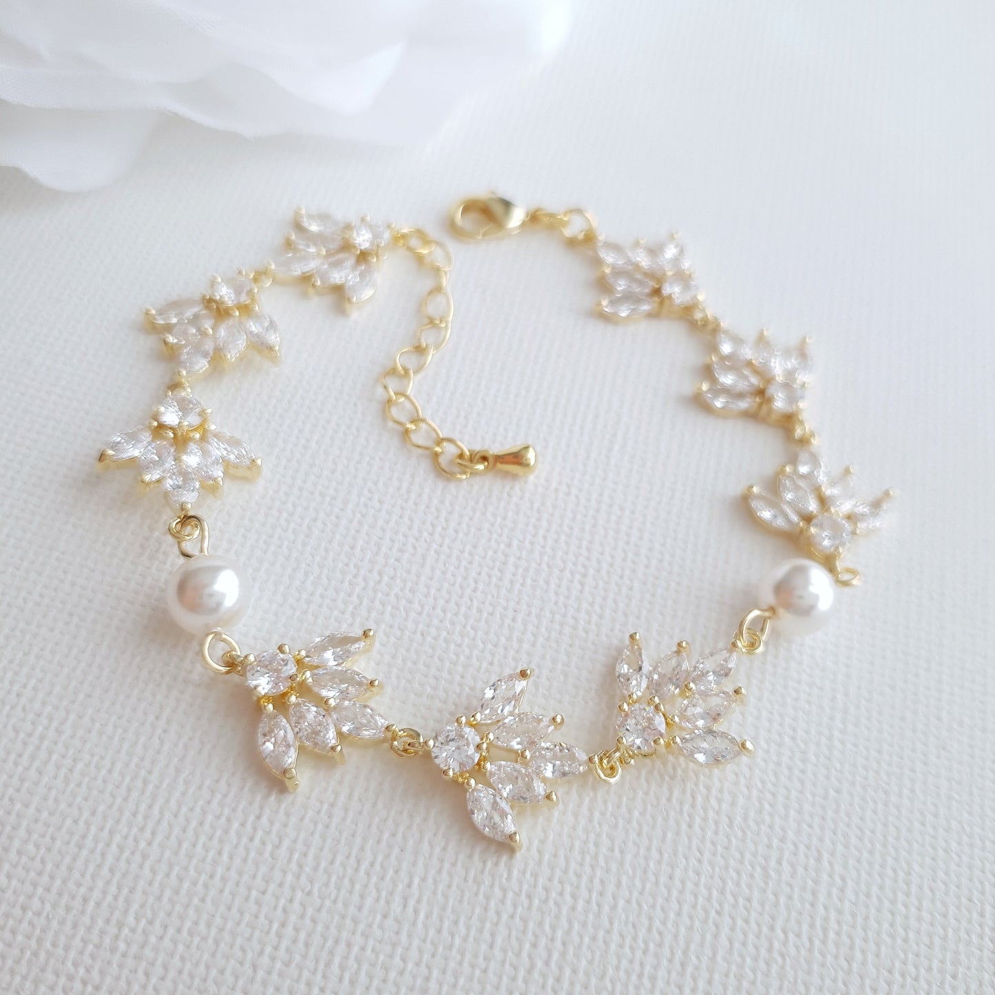 Gold Wedding Bracelet With Cubic Zirconia & Pearls-Rosa