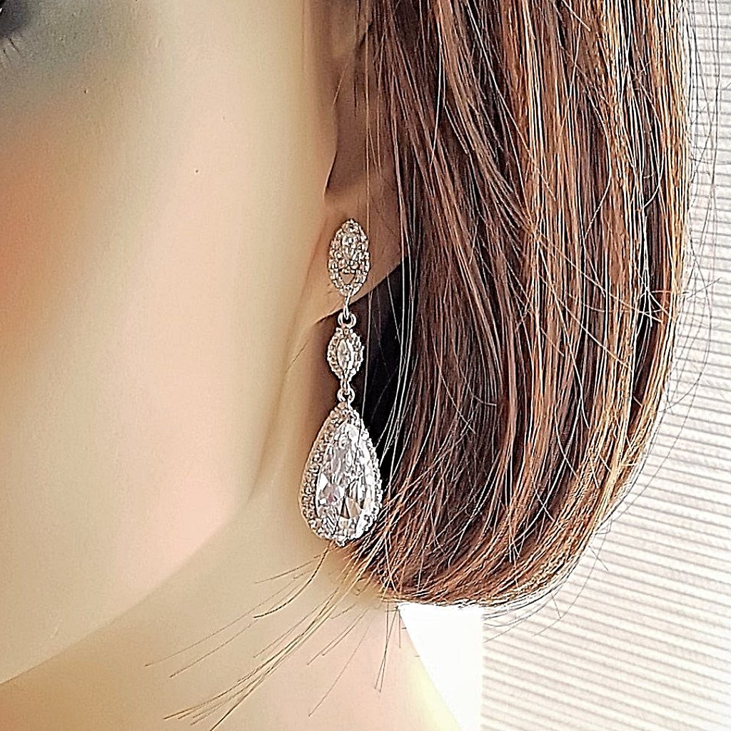 Rhodium Plated Silver Teardrop Bridal Earrings- Poetry Designs