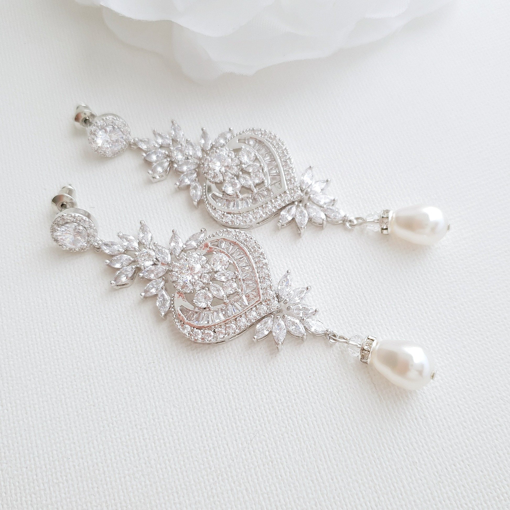 Long Silver Chandelier Wedding Earrings- Poetry Designs