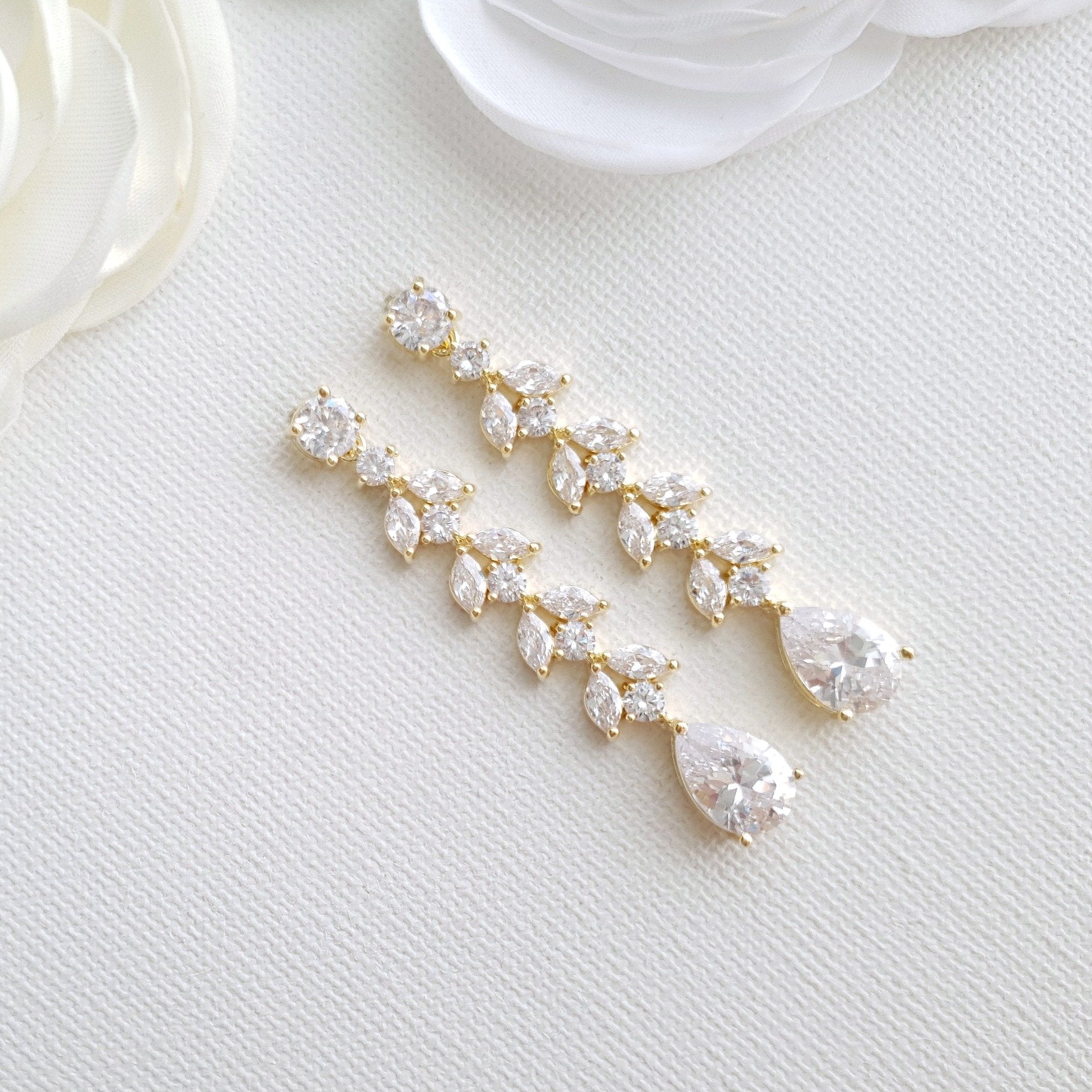 Gold & Marquise CZ leaf Bridal Earrings- Poetry Designs