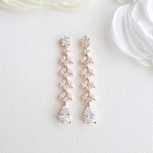 Leaf Drop Marquise Bridal Earrings in Rose Gold- Poetry Designs