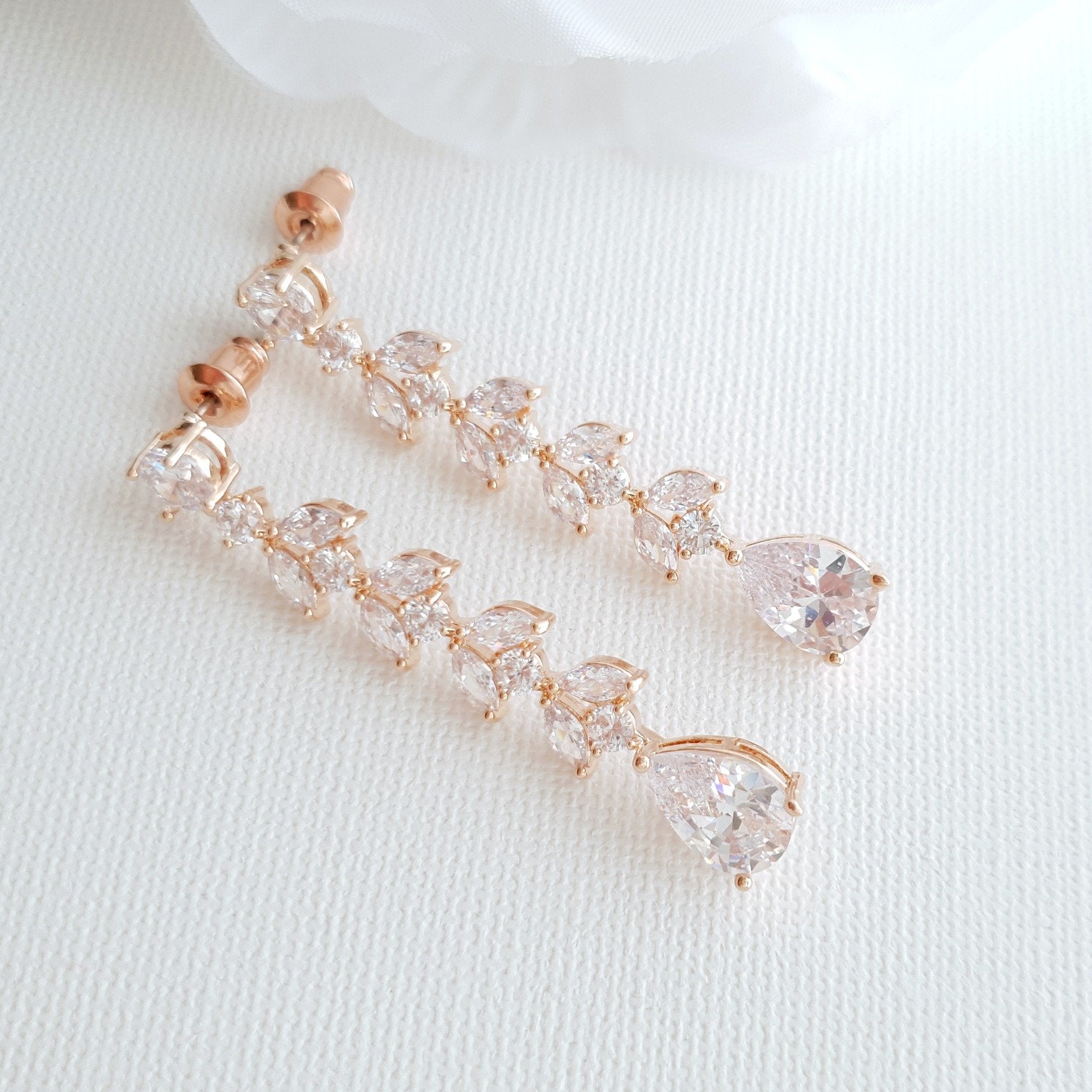 Rose Gold Leaf Shape Marquise Bridal Earrings - Poetry Designs