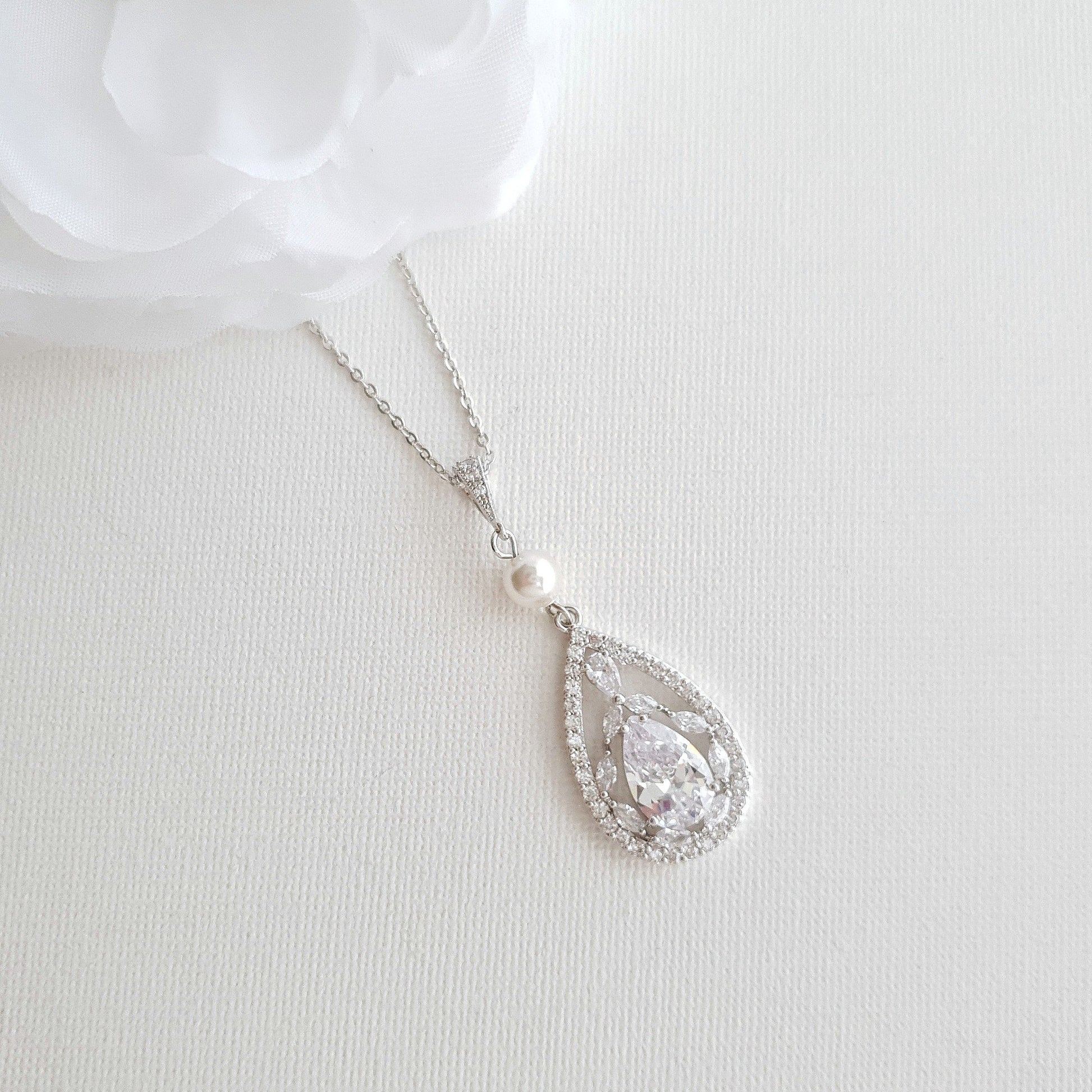 Bridal Pendant Necklace with Teardrop CZ Crystals-Esther - PoetryDesigns
