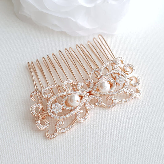 Peigne à cheveux de mariée vintage en or rose - Arletty