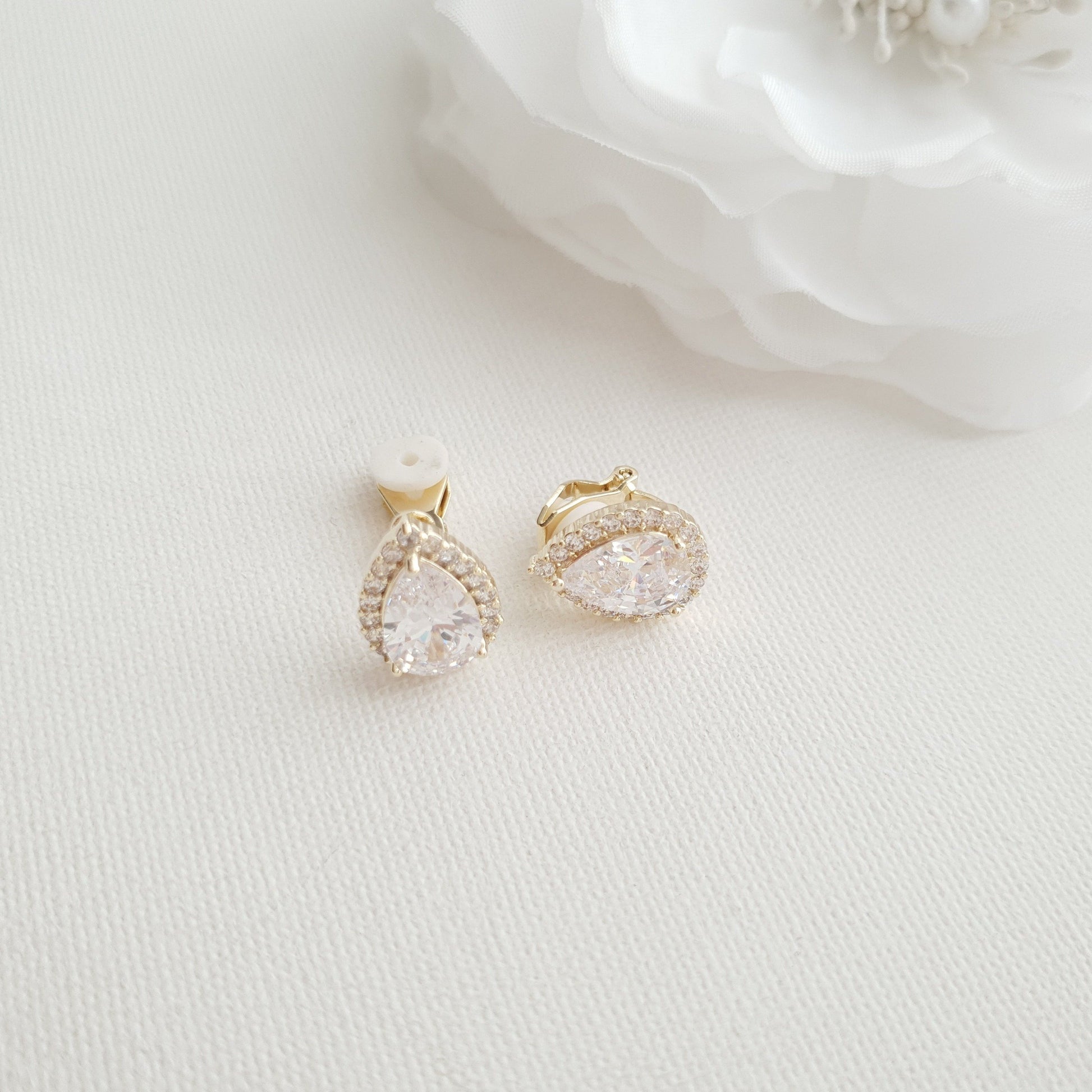 Gold Clip On Earrings in Teardrop CZ for Brides Bridesmaids- Poetry Designs