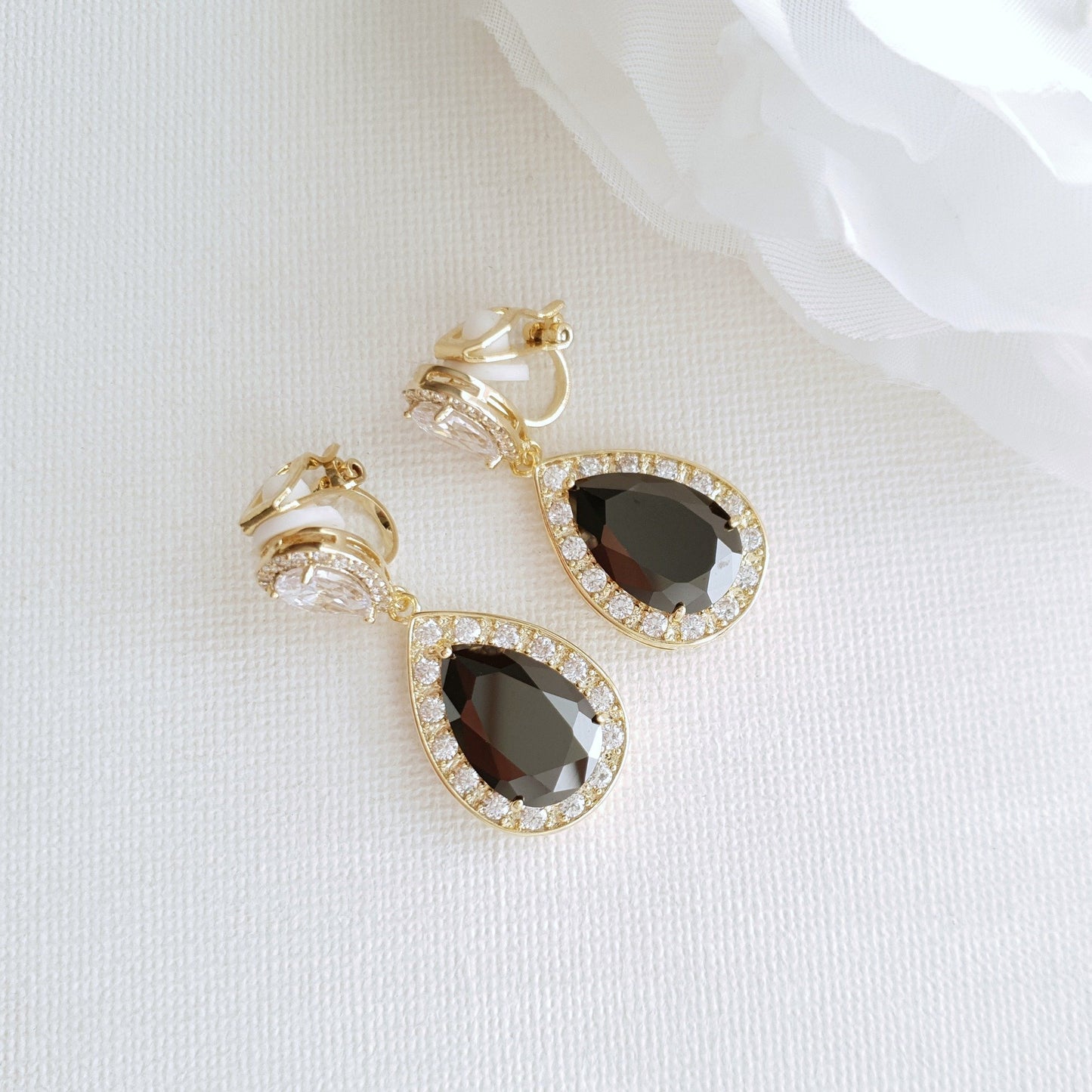 Cubic Zirconia Teardrop Clip On Earrings in Black & Gold- Zoe - PoetryDesigns