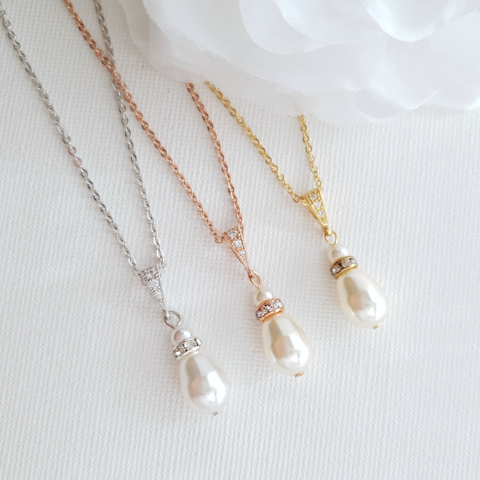 Simple Pearl Wedding Jewelry Set| Earring Necklace Bracelet for