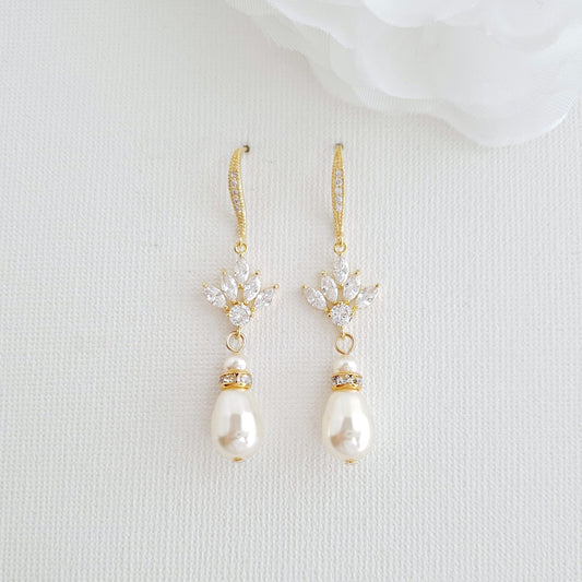 Boucles d'oreilles pendantes en or et perles pour les mariages-Rosa