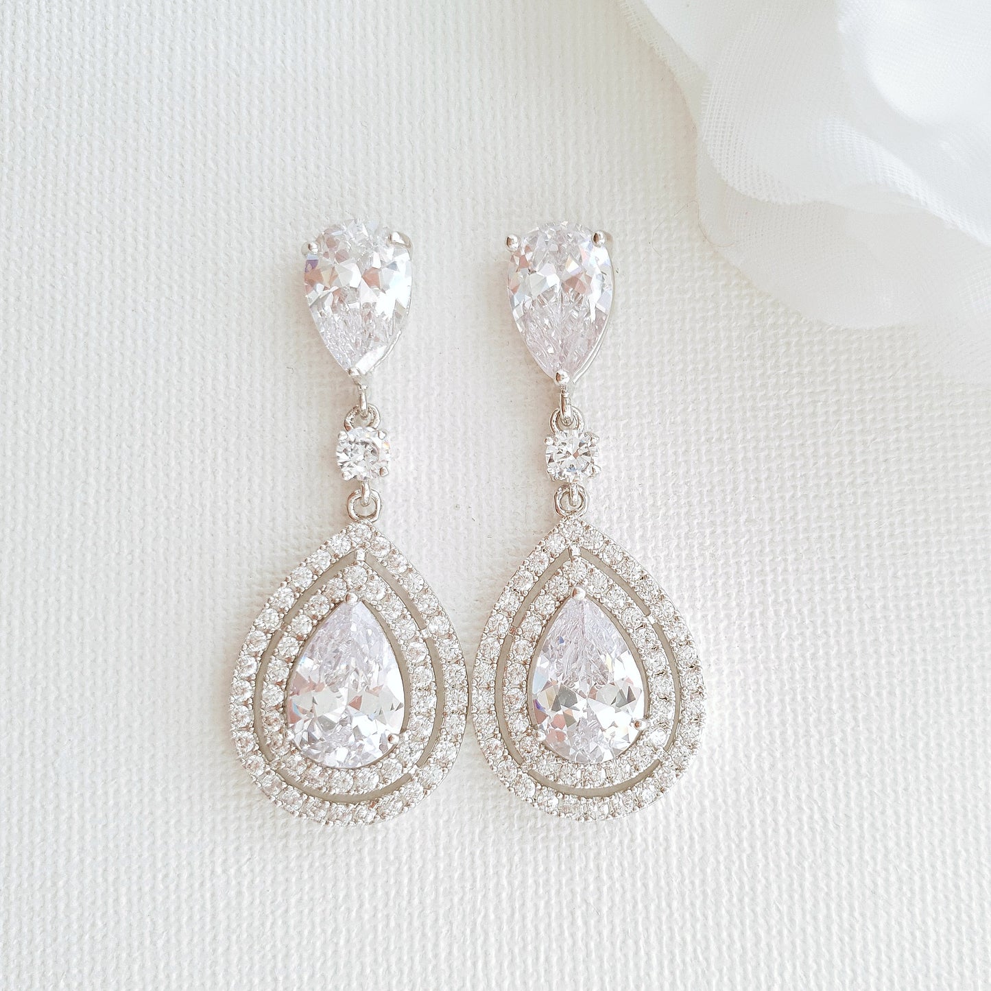 Pear Shaped Cubic Zirconia Drop Earrings for Brides- Joni