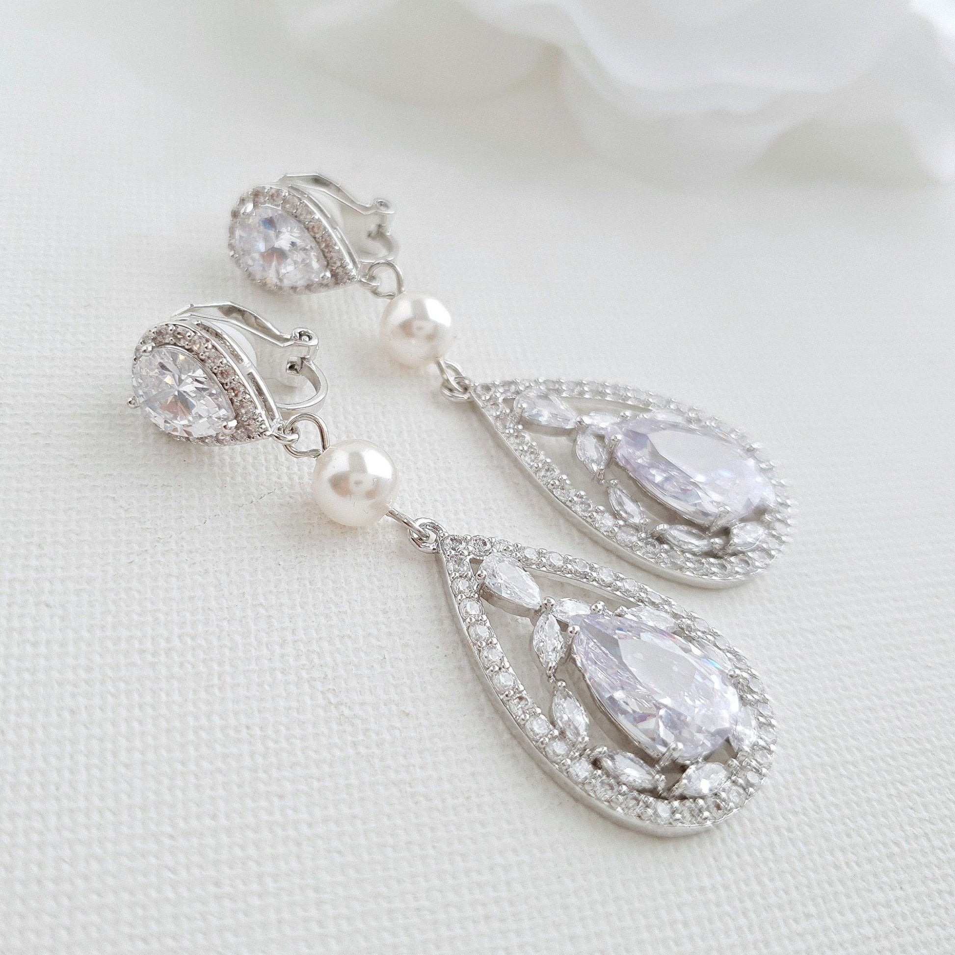 Silver Clip Earrings in Cubic Zirconia for Bridal and Wedding wear- Poetry Designs