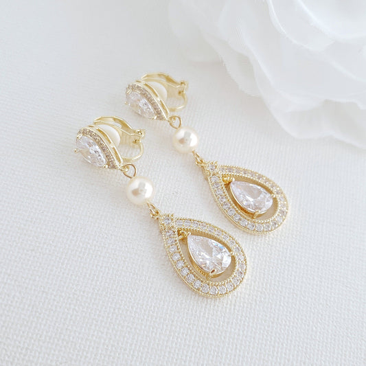 Unpierced Gold Clip On Earrings for Wedding - Sarah - PoetryDesigns