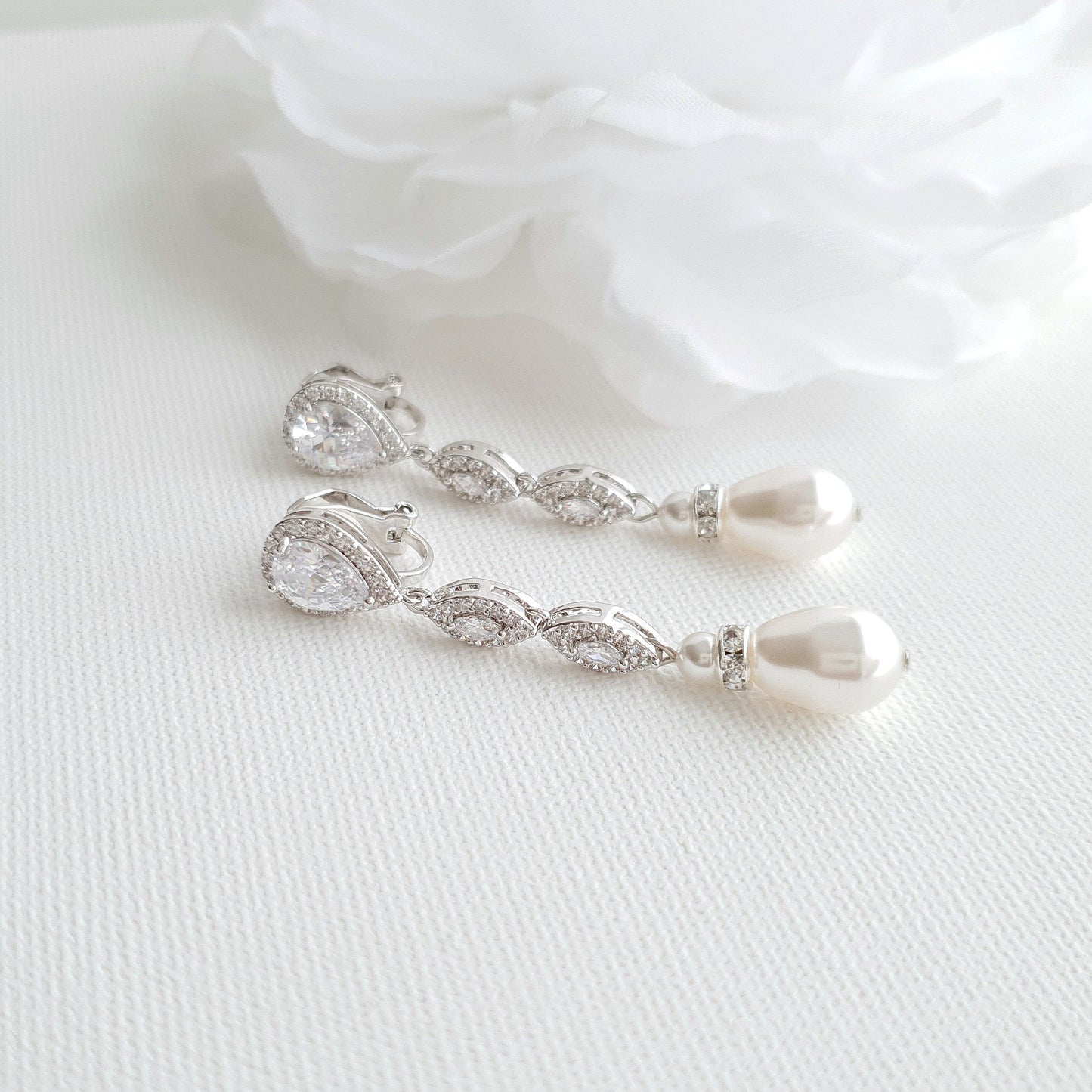 Pearl Drop Clip On Earrings in Silver-Abby - PoetryDesigns