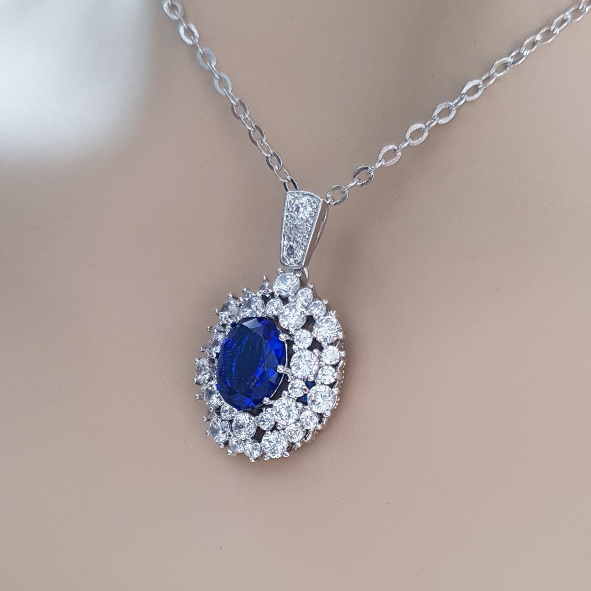 Sapphire Blue Oval Necklace Pendant- Indi - PoetryDesigns