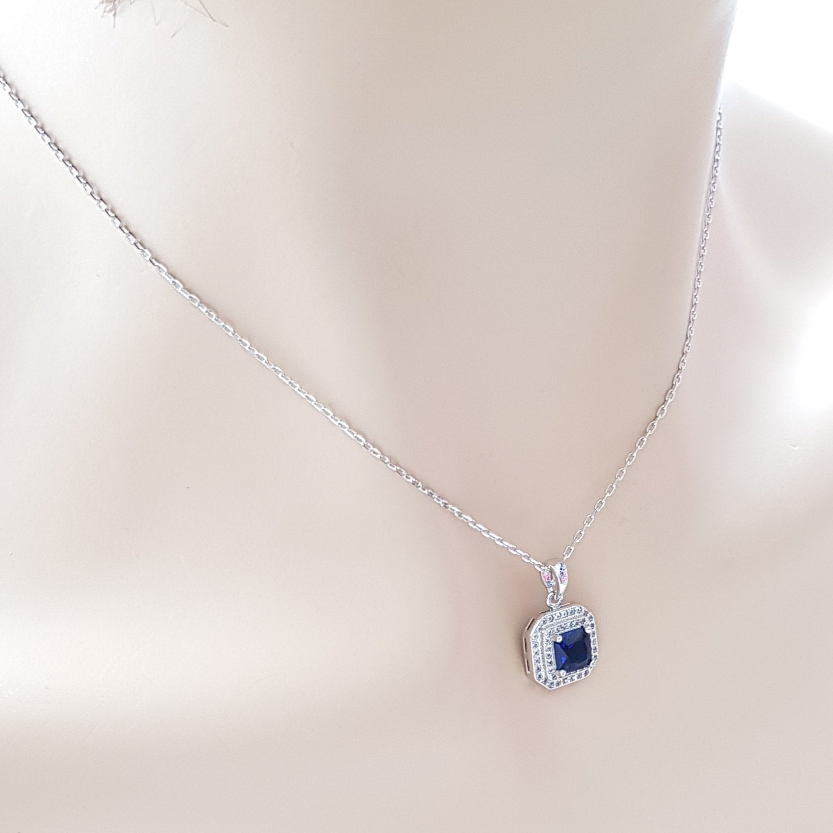 Blue Sapphire Cubic Zirconia Necklace Pendant- Quad Blue - PoetryDesigns